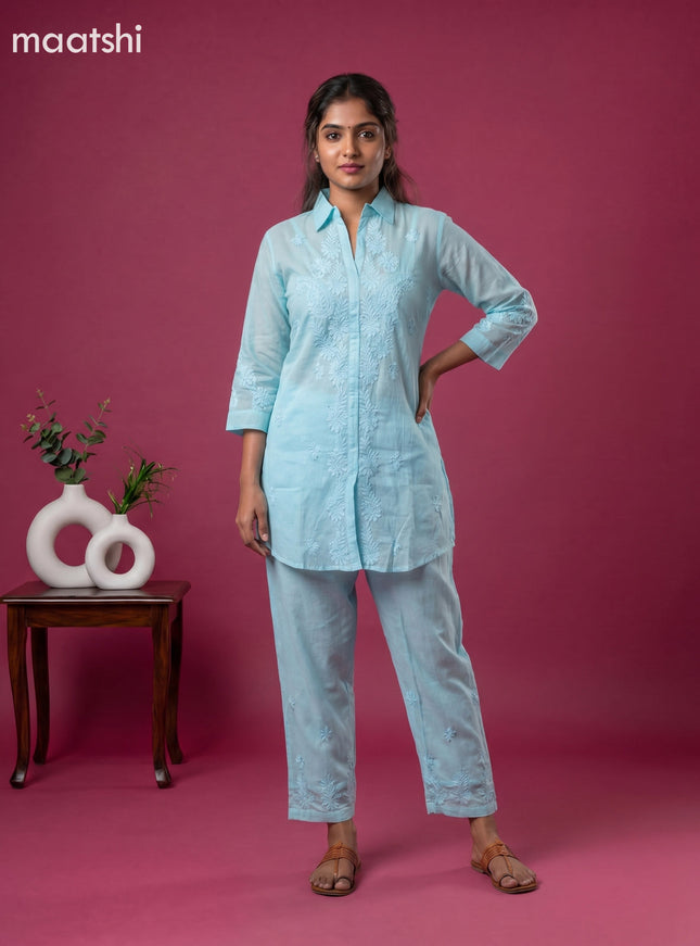 Blue Mul Chanderi Embroidery Work Short Co-Ord Set