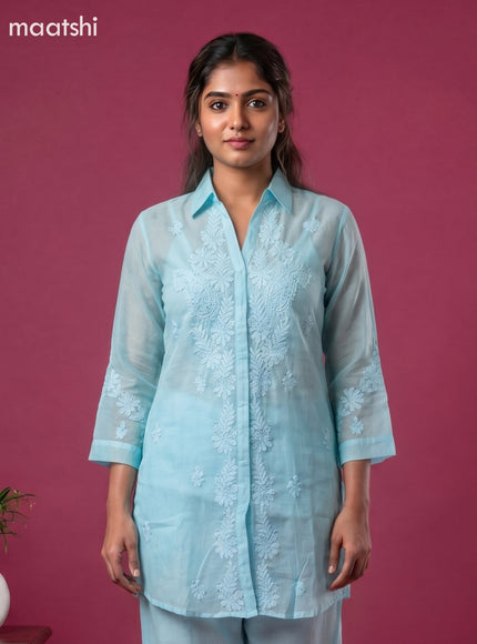Blue Mul Chanderi Embroidery Work Short Co-Ord Set