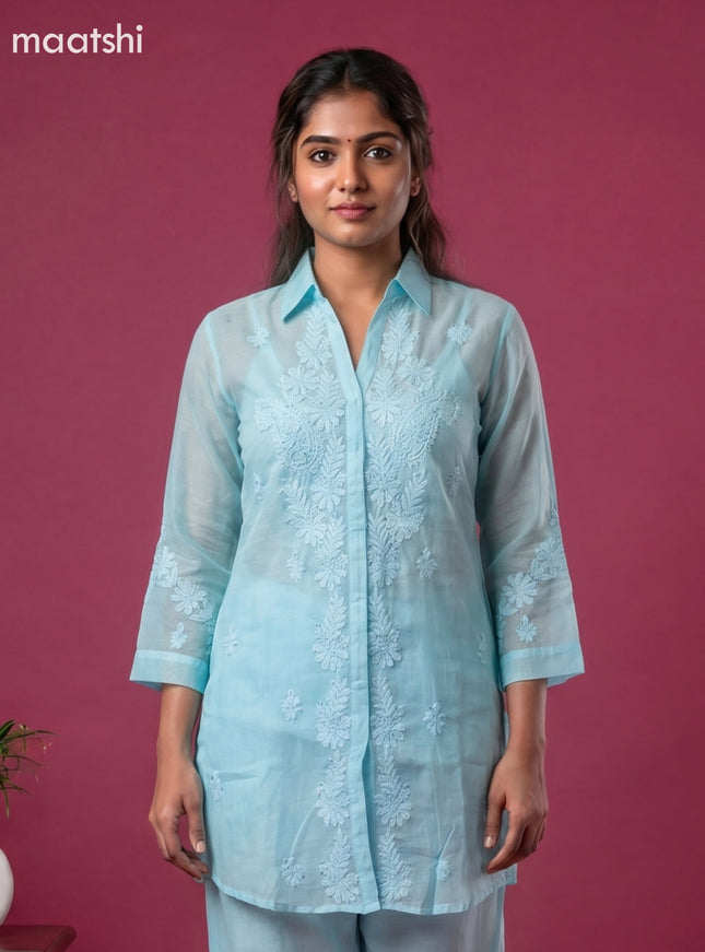 Blue Mul Chanderi Embroidery Work Short Co-Ord Set