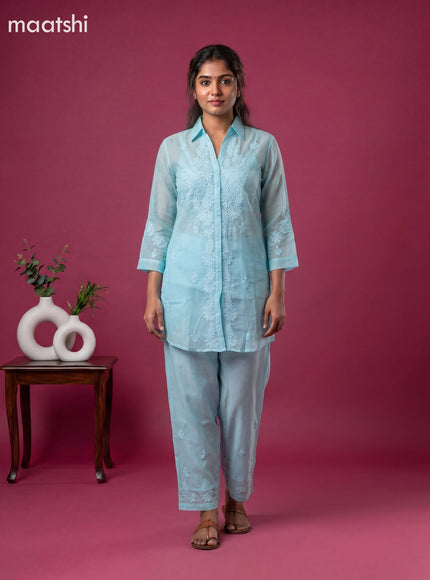 Blue Mul Chanderi Embroidery Work Short Co-Ord Set