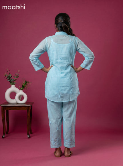 Blue Mul Chanderi Embroidery Work Short Co-Ord Set