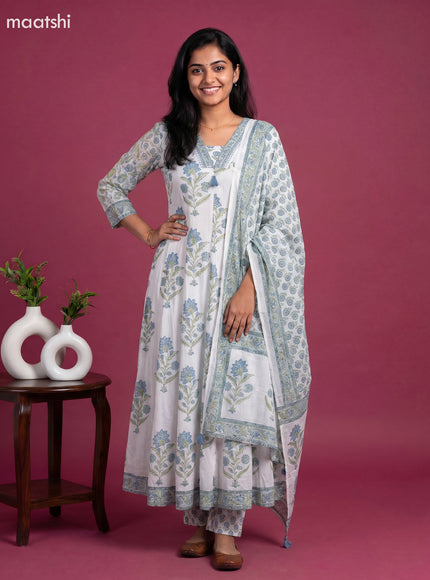 Off White and Blue Cotton Floral Printed Anarkali Suit