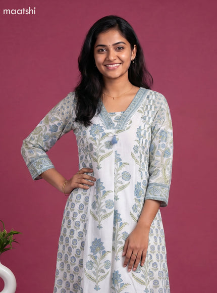 Off White and Blue Cotton Floral Printed Anarkali Suit