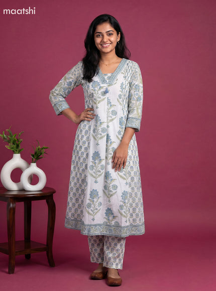 Off White and Blue Cotton Floral Printed Anarkali Suit