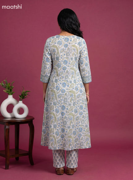 Off White and Blue Cotton Floral Printed Anarkali Suit