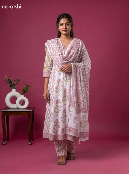 Off White and Pink Cotton Floral Printed Anarkali Suit