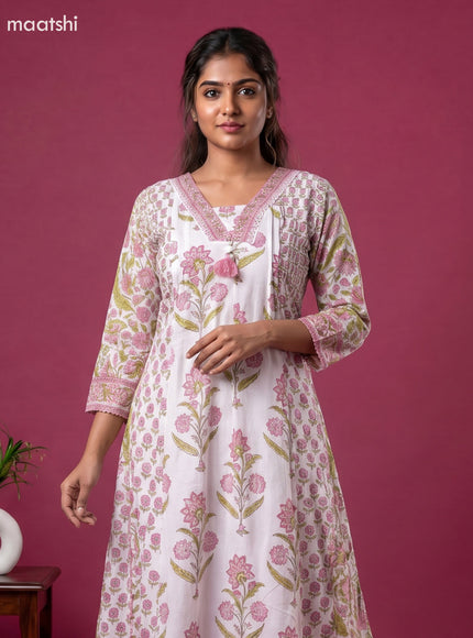 Off White and Pink Cotton Floral Printed Anarkali Suit