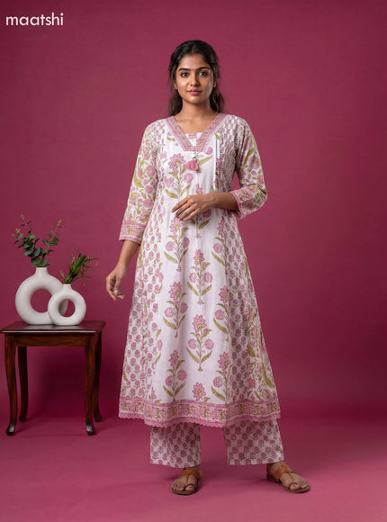 Off White and Pink Cotton Floral Printed Anarkali Suit