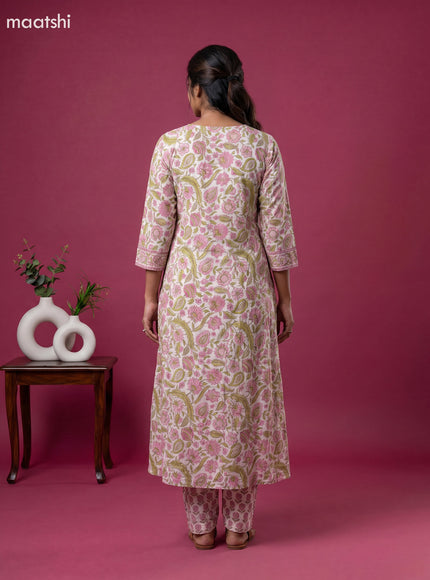 Off White and Pink Cotton Floral Printed Anarkali Suit