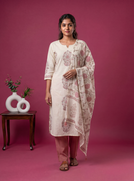 Cream and Peach Cotton Printed Embroidery Work Salwar Suits