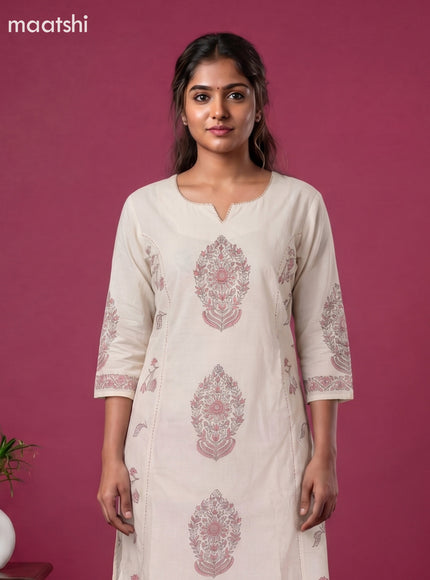 Cream and Peach Cotton Printed Embroidery Work Salwar Suits