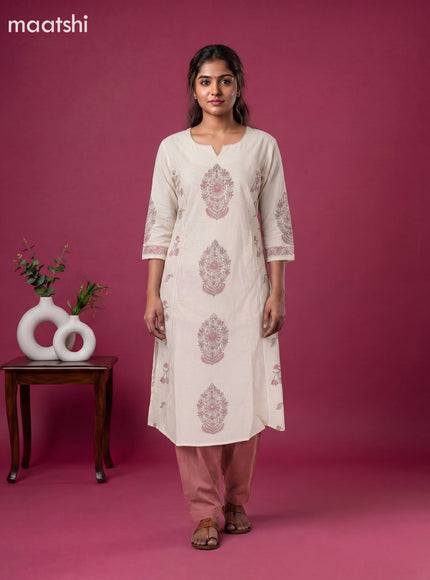 Cream and Peach Cotton Printed Embroidery Work Salwar Suits