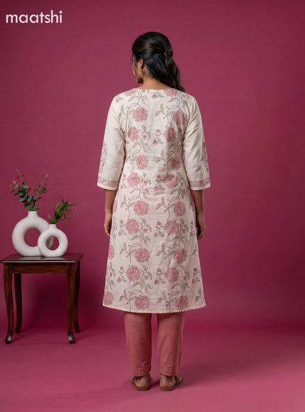 Cream and Peach Cotton Printed Embroidery Work Salwar Suits