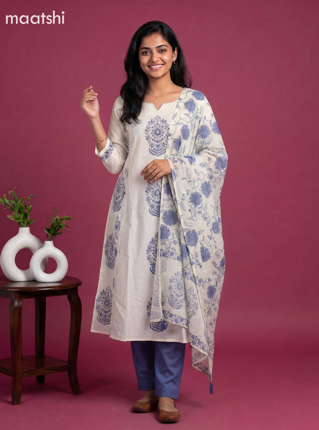 Cream and Blue Cotton Printed Embroidery Work Salwar Suits