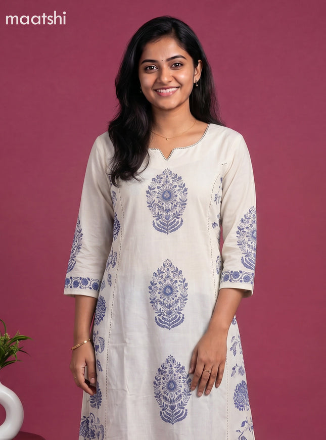 Cream and Blue Cotton Printed Embroidery Work Salwar Suits