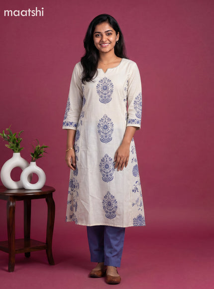 Cream and Blue Cotton Printed Embroidery Work Salwar Suits