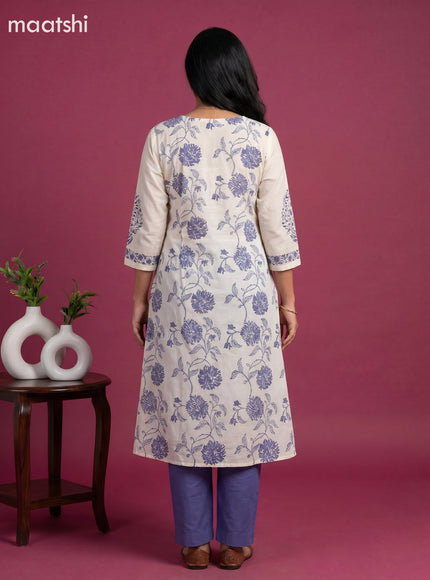 Cream and Blue Cotton Printed Embroidery Work Salwar Suits
