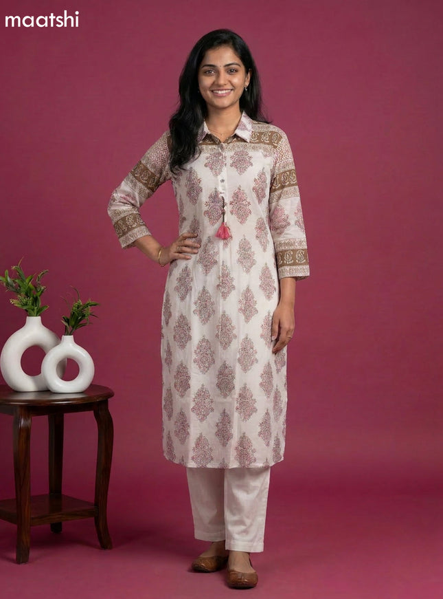 Off White and Mauve Pink Mul Chanderi Printed & With Slip Kurti Set