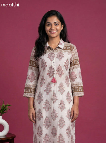 Off White and Mauve Pink Mul Chanderi Printed & With Slip Kurti Set
