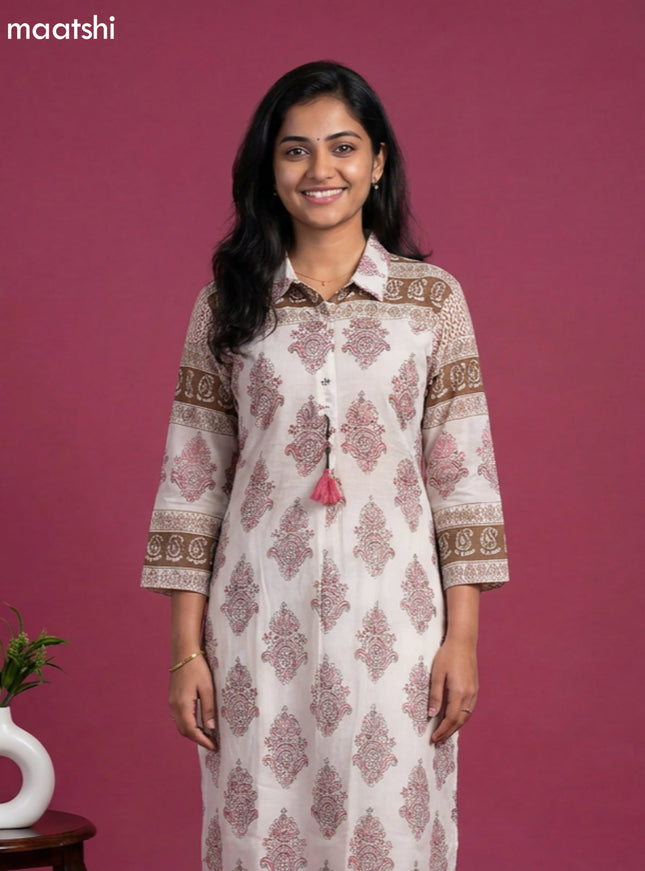 Off White and Mauve Pink Mul Chanderi Printed & With Slip Kurti Set