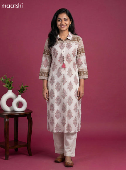 Off White and Mauve Pink Mul Chanderi Printed & With Slip Kurti Set