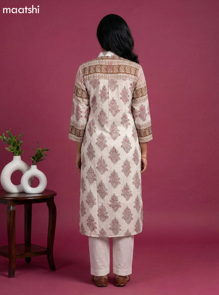 Off White and Mauve Pink Mul Chanderi Printed & With Slip Kurti Set