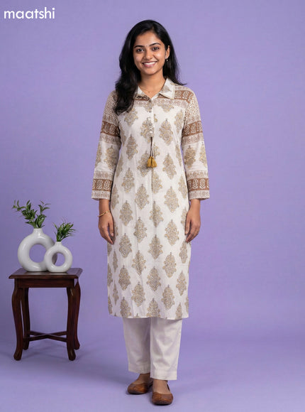 Off White and Mehandi Green Mul Chanderi Printed & With Slip Kurti Set