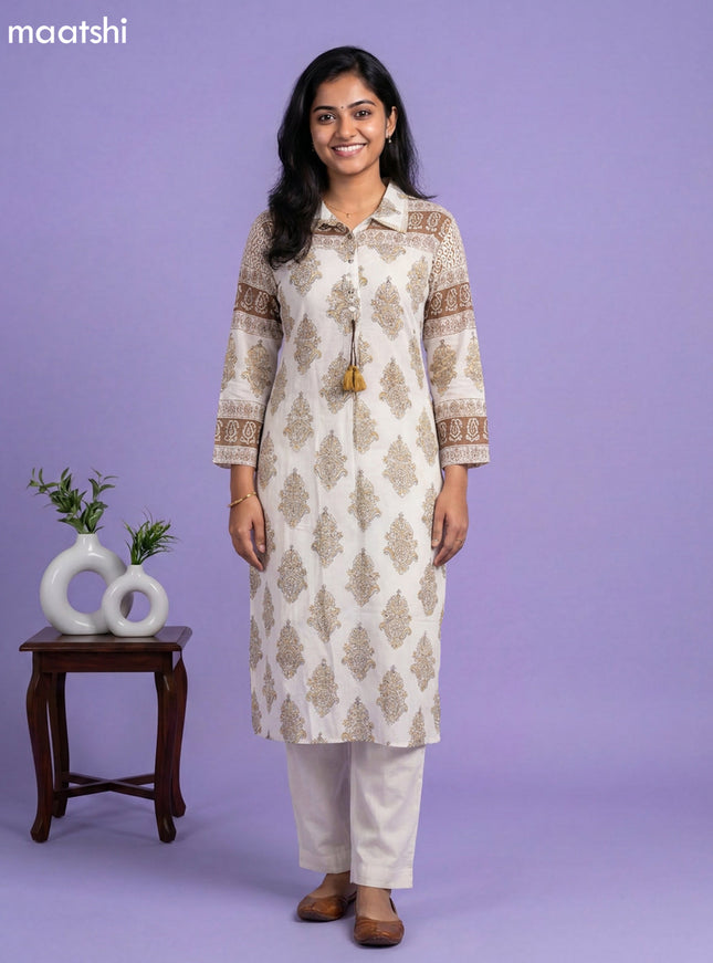 Off White and Mehandi Green Mul Chanderi Printed & With Slip Kurti Set