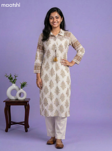 Off White and Mehandi Green Mul Chanderi Printed & With Slip Kurti Set