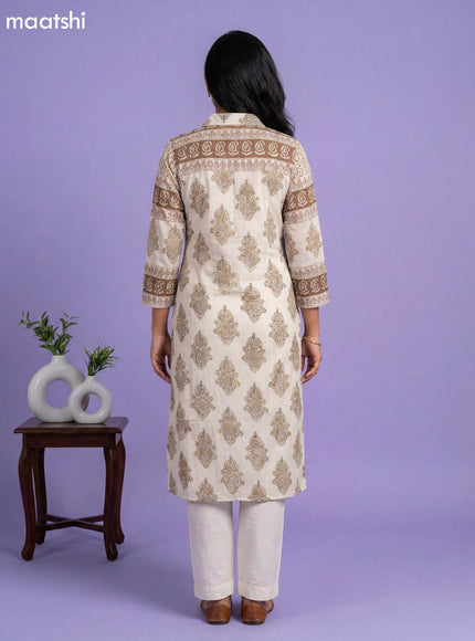 Off White and Mehandi Green Mul Chanderi Printed & With Slip Kurti Set