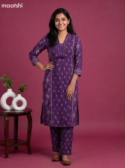 Violet Cotton Geometric Printed Straight Suit