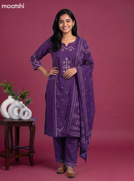 Purple Cotton Bandhani Printed Straight Suit