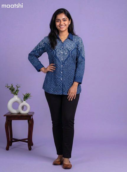 Peacock Blue and White Crepe Silk With Bandhani Printed Women Shirt