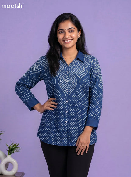 Peacock Blue and White Crepe Silk With Bandhani Printed Women Shirt