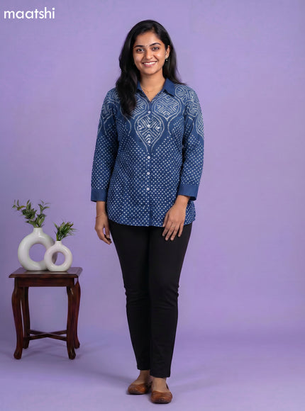 Peacock Blue and White Crepe Silk With Bandhani Printed Women Shirt
