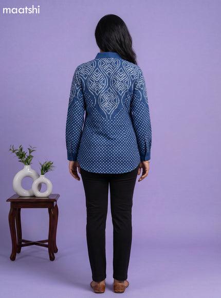 Peacock Blue and White Crepe Silk With Bandhani Printed Women Shirt