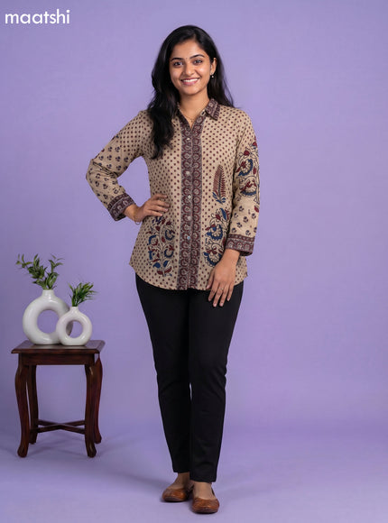 Beige and Multi Colour Crepe Silk Ajrakh Printed Women Shirt