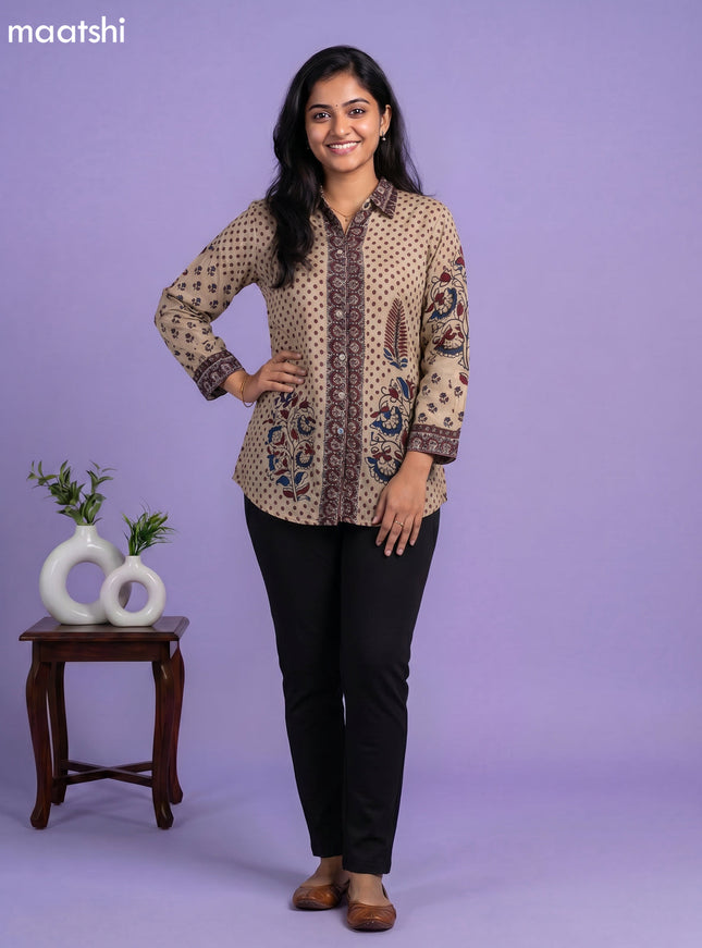 Beige and Multi Colour Crepe Silk Ajrakh Printed Women Shirt