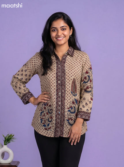 Beige and Multi Colour Crepe Silk Ajrakh Printed Women Shirt