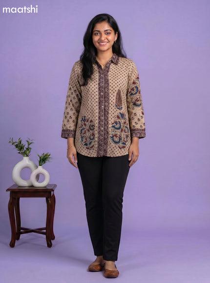 Beige and Multi Colour Crepe Silk Ajrakh Printed Women Shirt