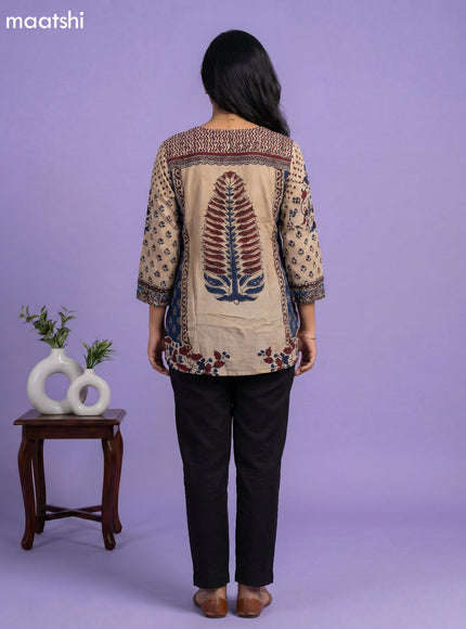 Beige and Multi Colour Crepe Silk Ajrakh Printed Women Shirt