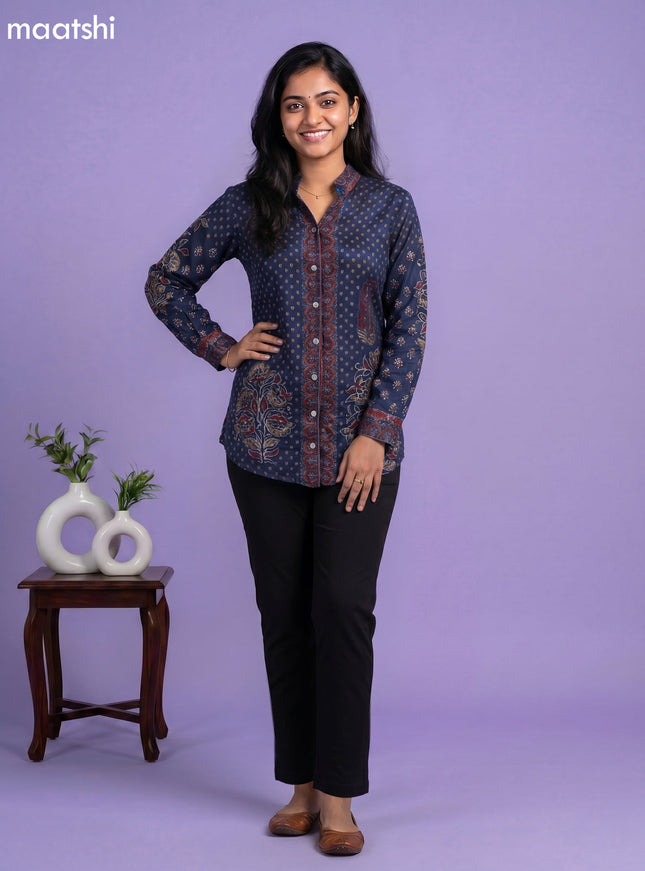 Dark Blue and Multi Colour Crepe Silk Ajrakh Printed Women Shirt