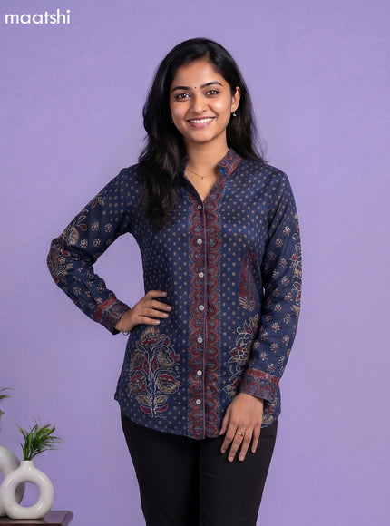 Dark Blue and Multi Colour Crepe Silk Ajrakh Printed Women Shirt