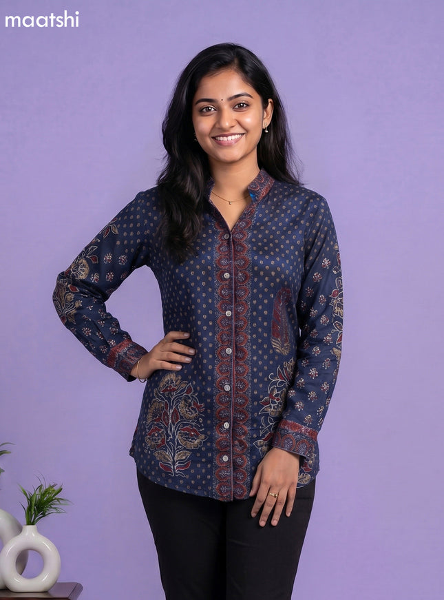 Dark Blue and Multi Colour Crepe Silk Ajrakh Printed Women Shirt