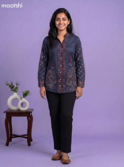 Dark Blue and Multi Colour Crepe Silk Ajrakh Printed Women Shirt
