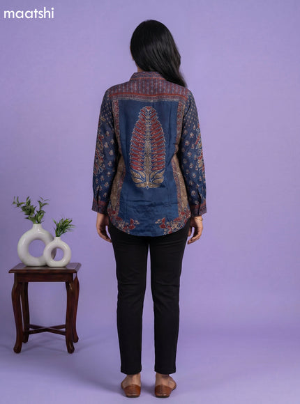 Dark Blue and Multi Colour Crepe Silk Ajrakh Printed Women Shirt