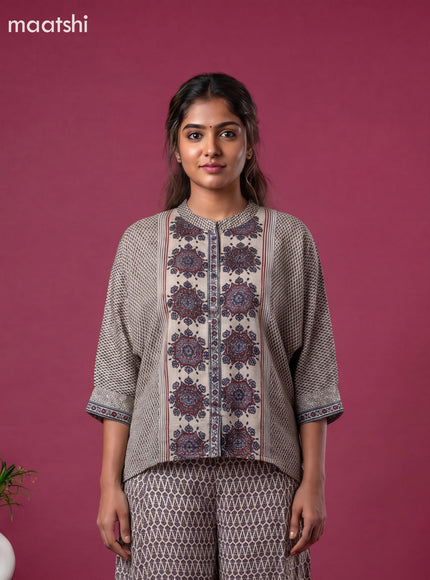 Beige and Multi Colour Crepe Silk Ajrakh Printed Short Co-Ord Set
