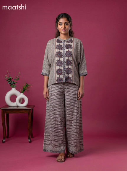 Beige and Multi Colour Crepe Silk Ajrakh Printed Short Co-Ord Set
