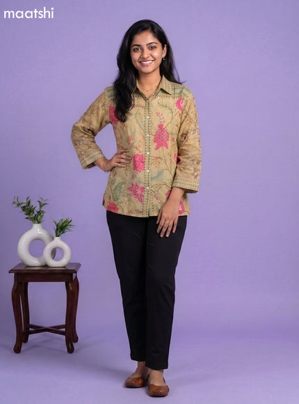 Pale Yellow and Multi Colour Linen Cotton Floral Printed Women Shirt