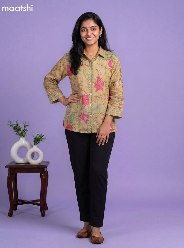 Pale Yellow and Multi Colour Linen Cotton Floral Printed Women Shirt